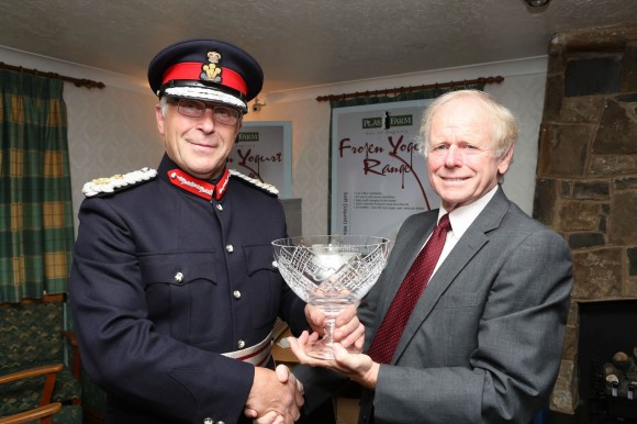 David Williams (right) founder and director of Plas Farm Ltd receives The Queen's Award for Enterprise 2014 from the Lord-Lieutenant of Gwynedd Mr Edmund Seymour Bailey. The ceremony was held at Tafarn Y Rhos, Rhostrehwfa, Llangefni.